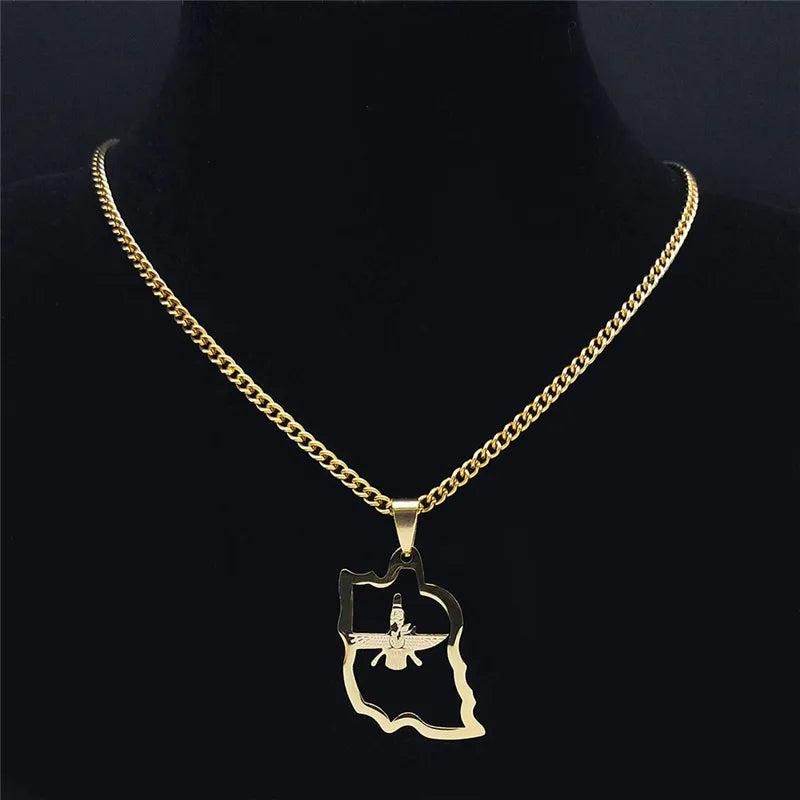 Iran Map Ahura Mazda Religion Stainless Steel Necklaces Zoroastrianism Iranian Cuture Persian Empire Necklace Jewelry N2989S05
