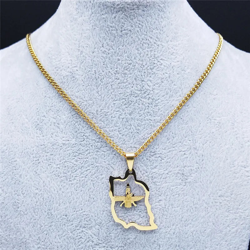 Iran Map Ahura Mazda Religion Stainless Steel Necklaces Zoroastrianism Iranian Cuture Persian Empire Necklace Jewelry N2989S05