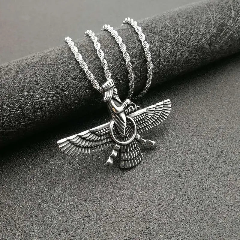 Vintage Punk Style Iran Faravahar Ahura Mazda Pendants Necklaces for Men Women 316L Stainless Steel Zoroastrian Jewelry Gift