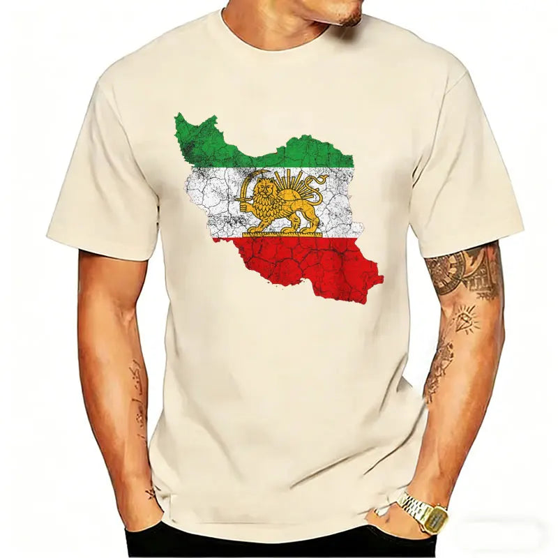Distressed Iran Map Lion & Sun T-Shirt Men's Vintage Persian Heritage