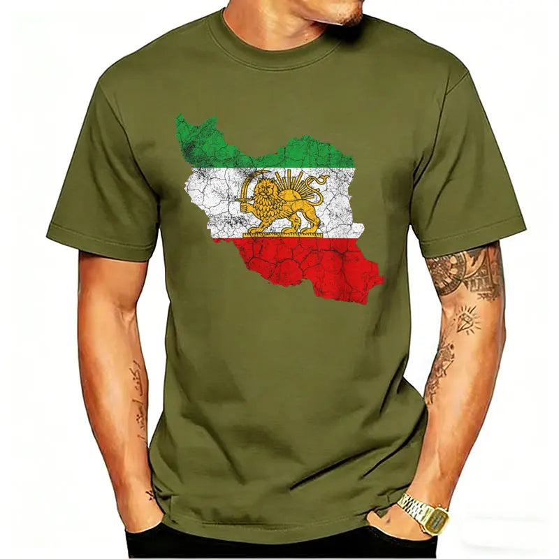Distressed Iran Map Lion & Sun T-Shirt Men's Vintage Persian Heritage