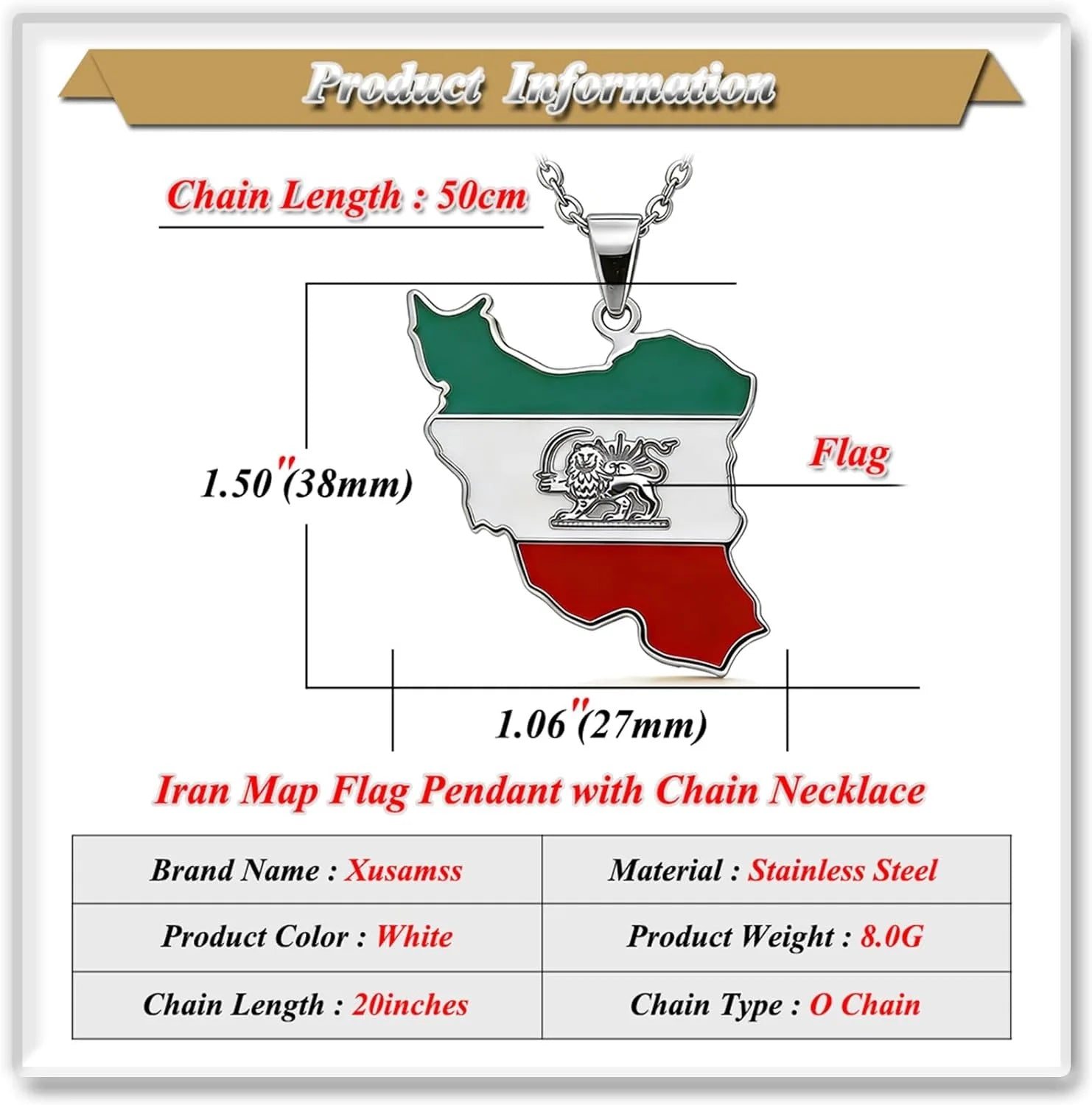 YILUOCD Iran Map Flag Pendant Necklace Stainless Steel Persian Iranian Lion Sun Charm Lightweight Persian Jewelry Gift