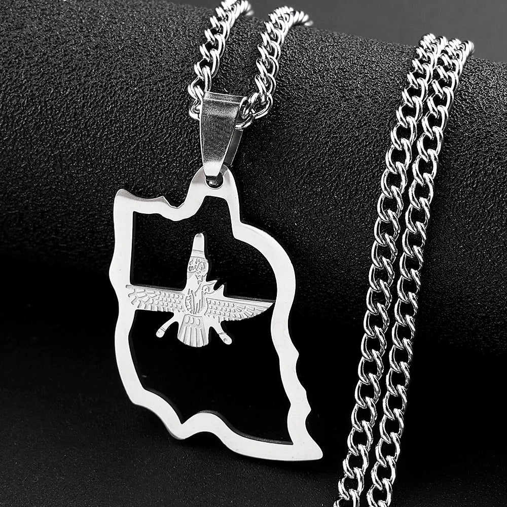 Iran Map Ahura Mazda Religion Stainless Steel Necklaces Zoroastrianism Iranian Cuture Persian Empire Necklace Jewelry N2989S05