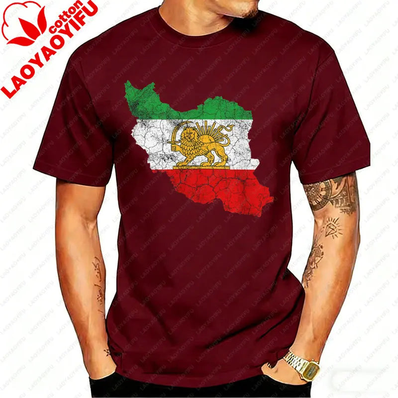 Distressed Iran Map Lion & Sun T-Shirt Men's Vintage Persian Heritage
