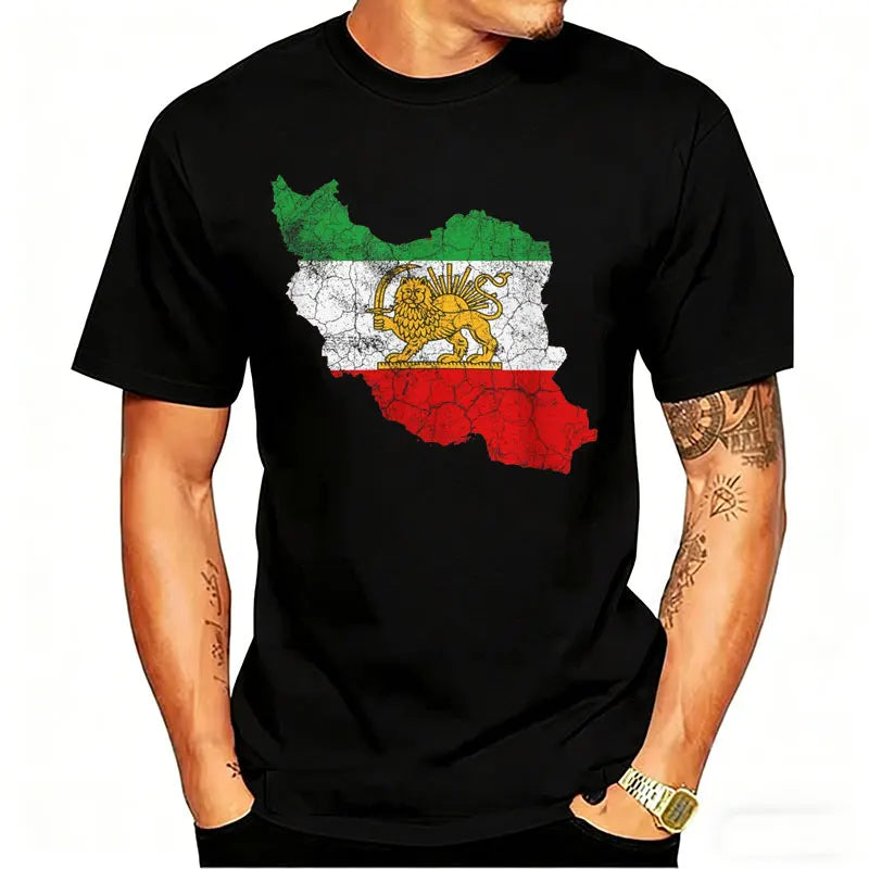 Distressed Iran Map Lion & Sun T-Shirt Men's Vintage Persian Heritage