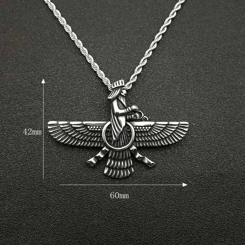 Vintage Punk Style Iran Faravahar Ahura Mazda Pendants Necklaces for Men Women 316L Stainless Steel Zoroastrian Jewelry Gift