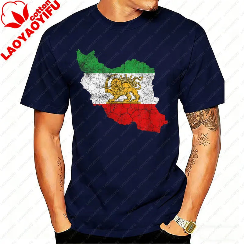 Distressed Iran Map Lion & Sun T-Shirt Men's Vintage Persian Heritage