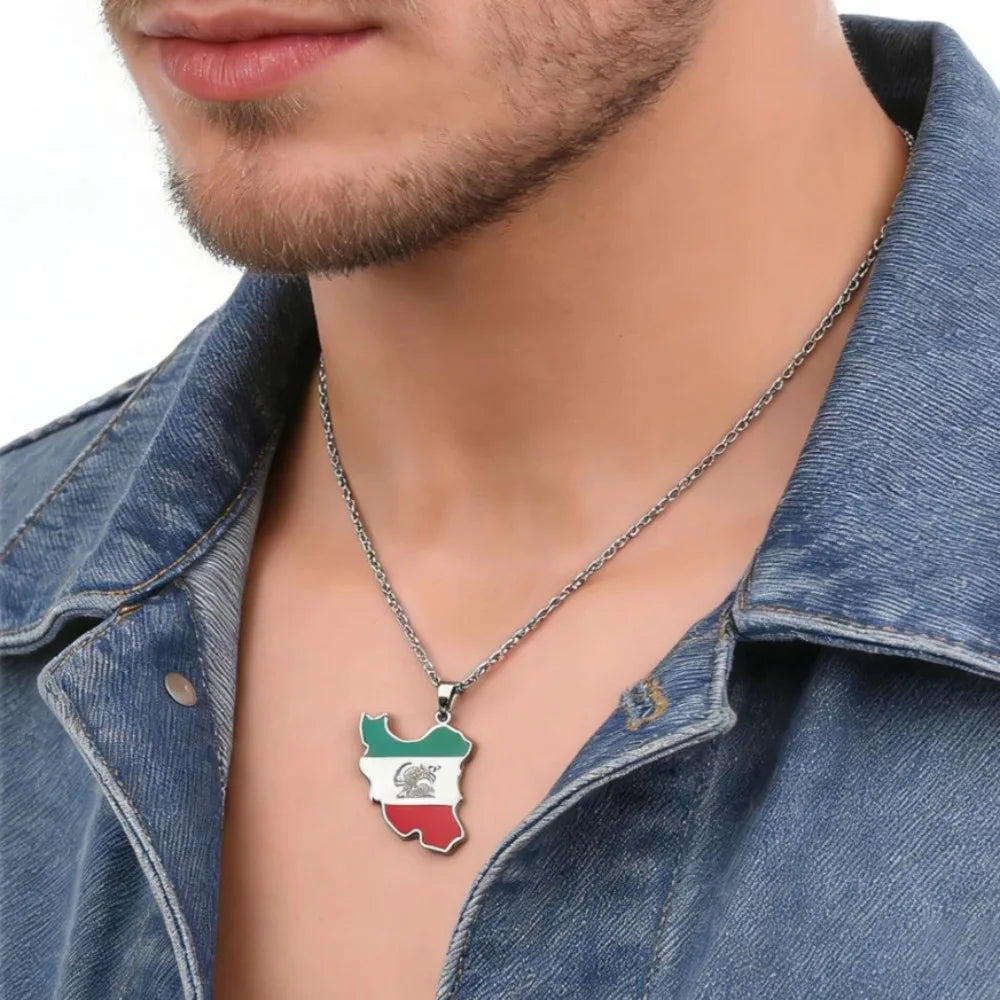 YILUOCD Iran Map Flag Pendant Necklace Stainless Steel Persian Iranian Lion Sun Charm Lightweight Persian Jewelry Gift