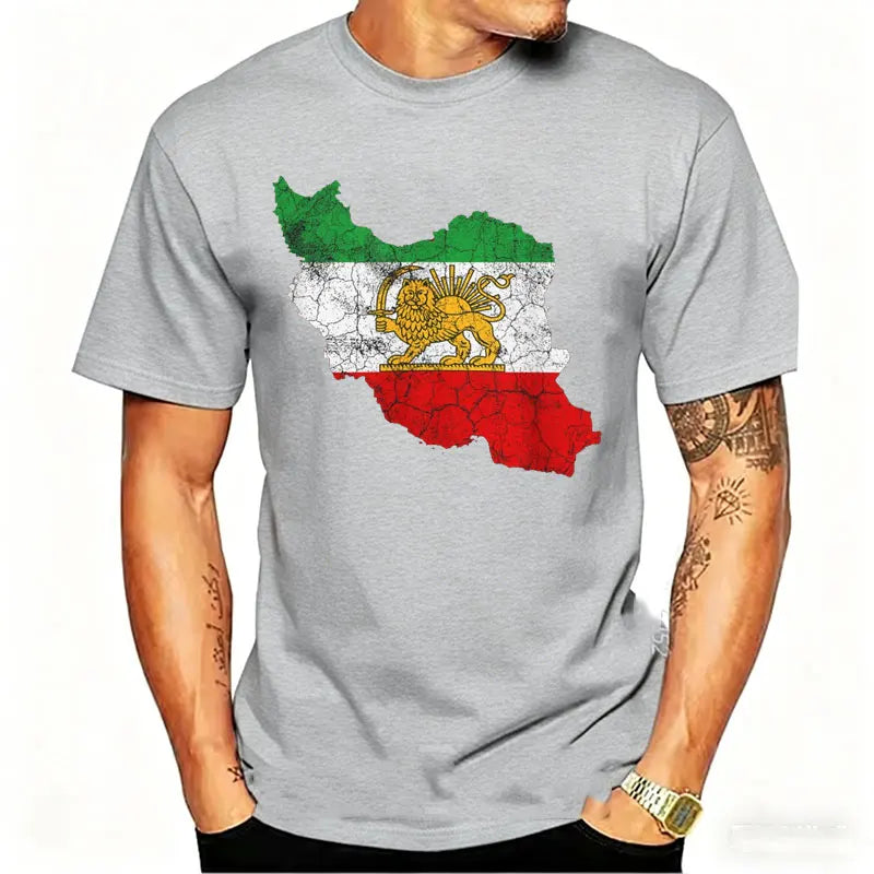 Distressed Iran Map Lion & Sun T-Shirt Men's Vintage Persian Heritage