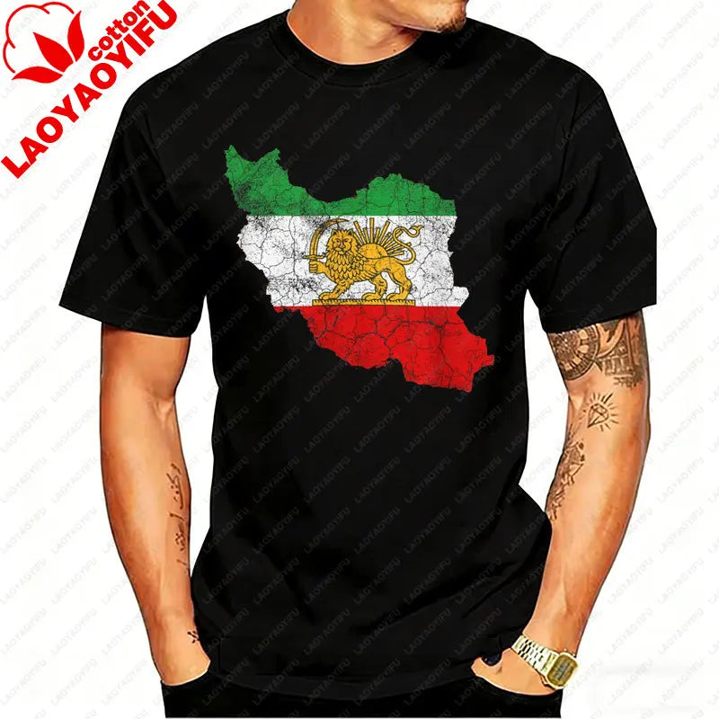 Distressed Iran Map Lion & Sun T-Shirt Men's Vintage Persian Heritage