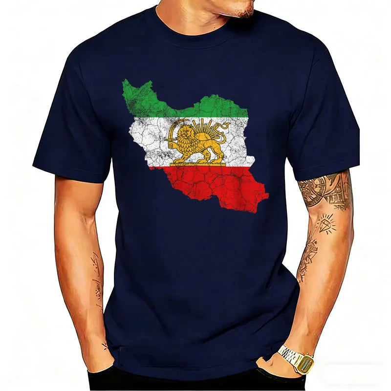 Distressed Iran Map Lion & Sun T-Shirt Men's Vintage Persian Heritage