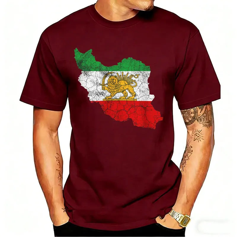 Distressed Iran Map Lion & Sun T-Shirt Men's Vintage Persian Heritage