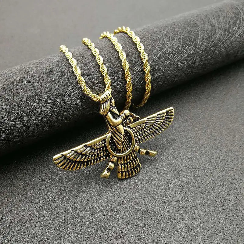 Vintage Punk Style Iran Faravahar Ahura Mazda Pendants Necklaces for Men Women 316L Stainless Steel Zoroastrian Jewelry Gift