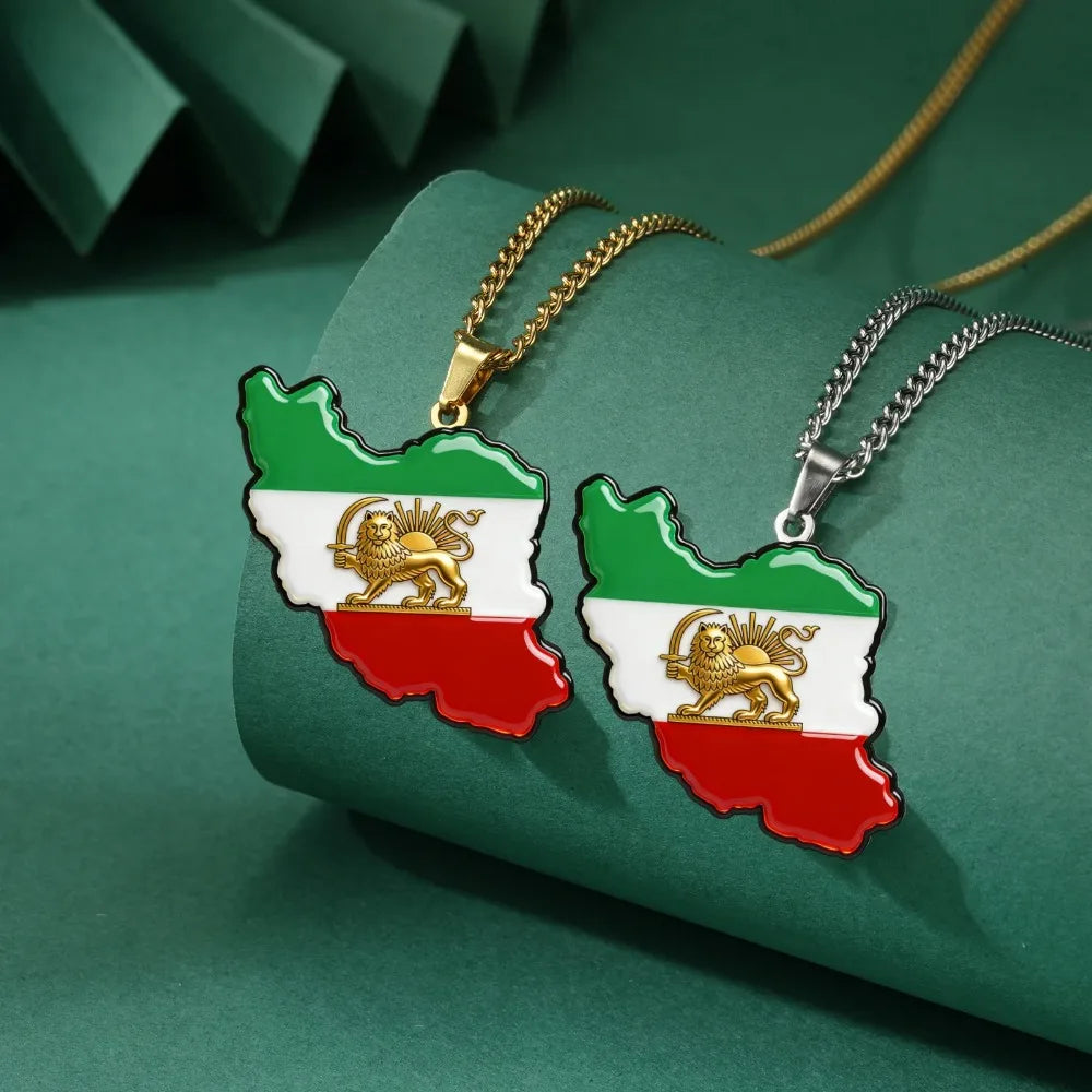 YILUOCD Iran Map Flag Pendant Necklace Stainless Steel Persian Iranian Lion Sun Charm Lightweight Persian Jewelry Gift