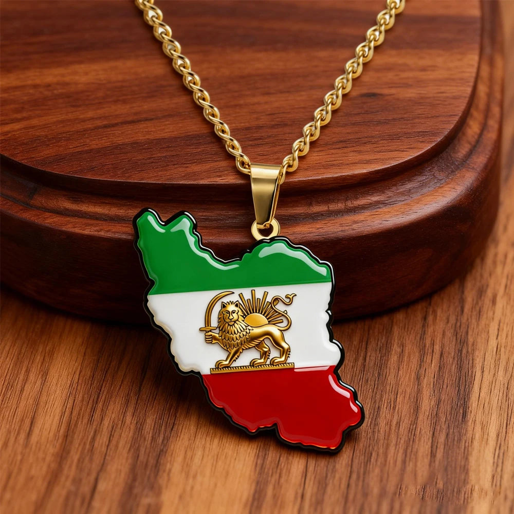 YILUOCD Iran Map Flag Pendant Necklace Stainless Steel Persian Iranian Lion Sun Charm Lightweight Persian Jewelry Gift