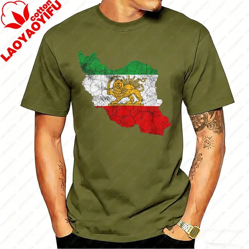 Distressed Iran Map Lion & Sun T-Shirt Men's Vintage Persian Heritage