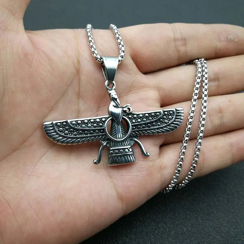 Vintage Punk Style Iran Faravahar Ahura Mazda Pendants Necklaces for Men Women 316L Stainless Steel Zoroastrian Jewelry Gift